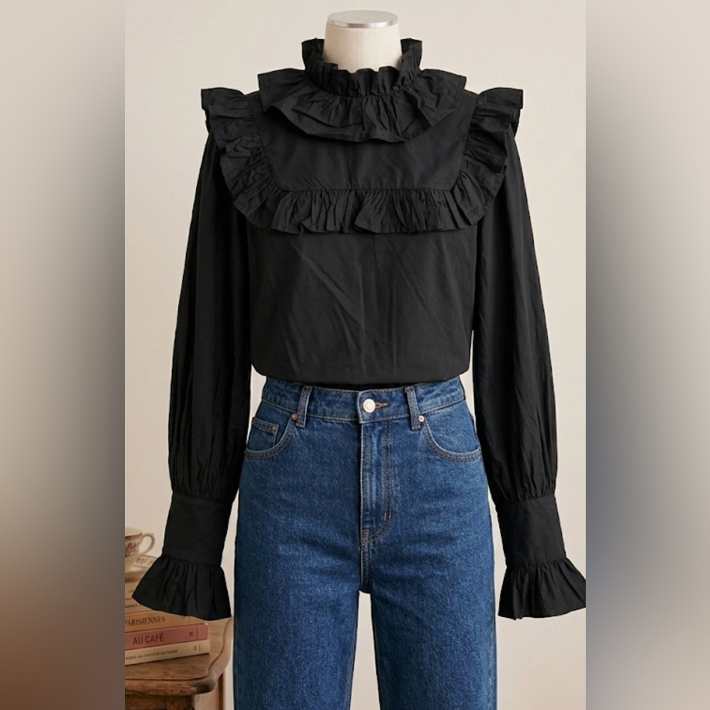Romantic Ruffle Cotton Blouse - Victorian Smocked Cuff Top - Black Size S - Picture 2 of 8